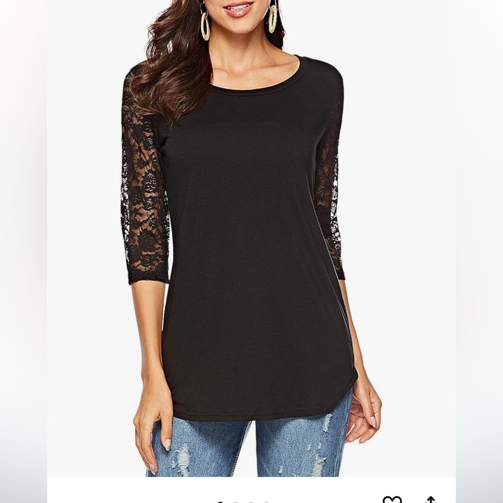 Koitmy Women's 3/4 Lace Sleeve Round Neck T-Shirt Casual Blouses Tunics